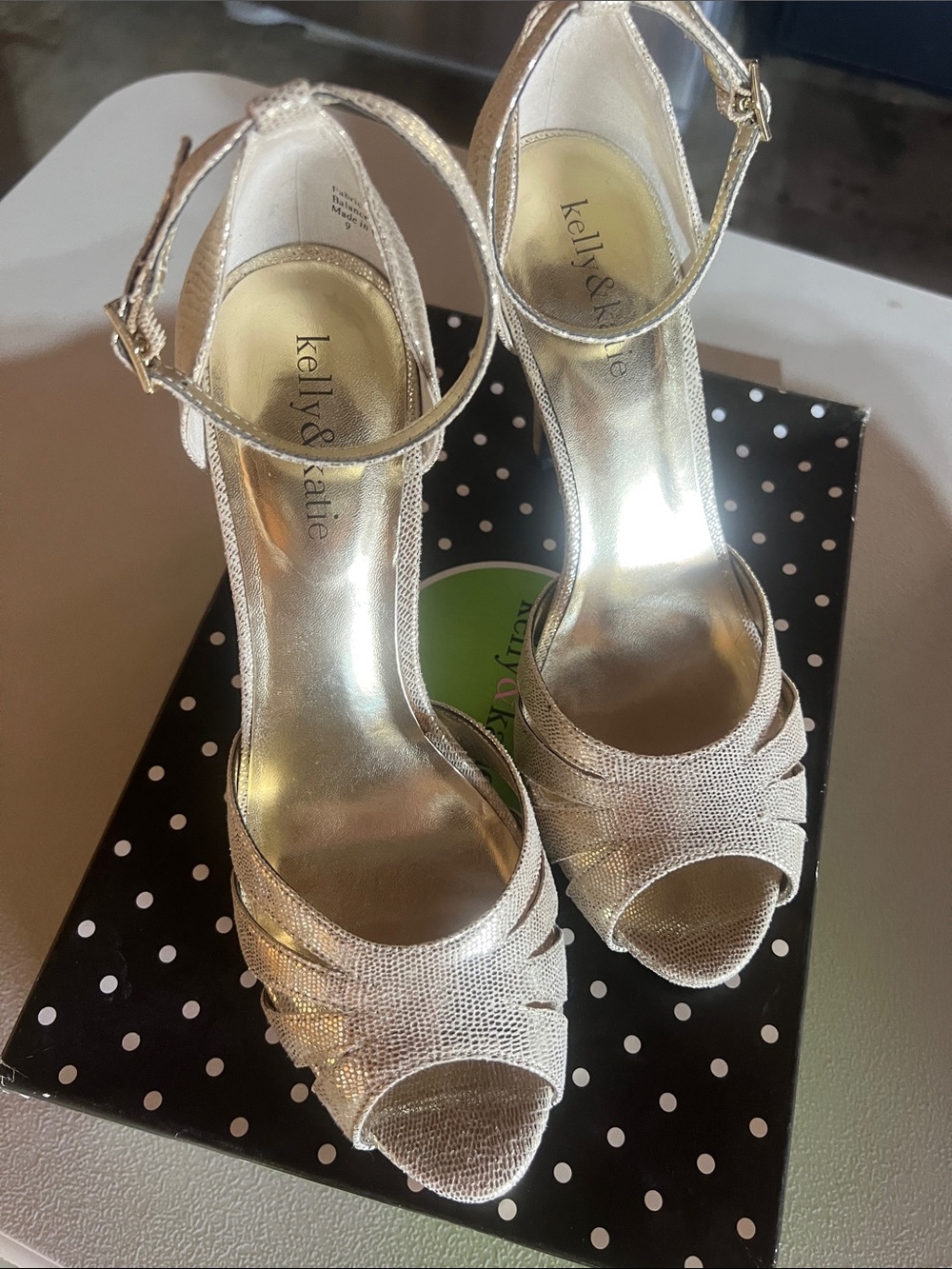Kelly & Katie Champagne Metallic Open-Toe Ankle Strap Heels